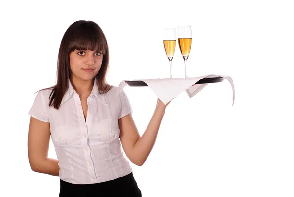 Young Waitress Two Glasses Wine Isolated White — Stock Photo, Image