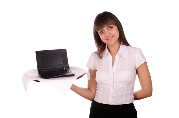 Young waitress with laptop — Stock Photo, Image