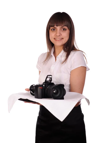 Menina Bonita Com Câmera Digital Bandeja Isolada Branco — Fotografia de Stock