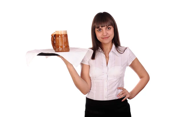 Serveerster Met Mok Bier Geïsoleerd Wit — Stockfoto