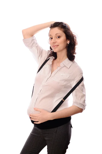 Pretty Brunet Pregnant Woman Isolated White — Stockfoto