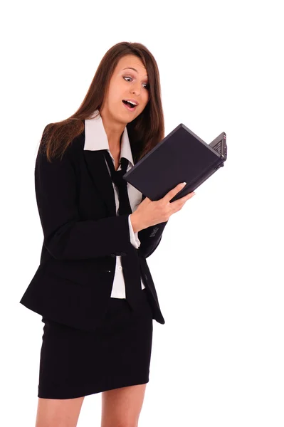 Shocked Businesswoman Small Notebook Isolated White — Stock Photo, Image
