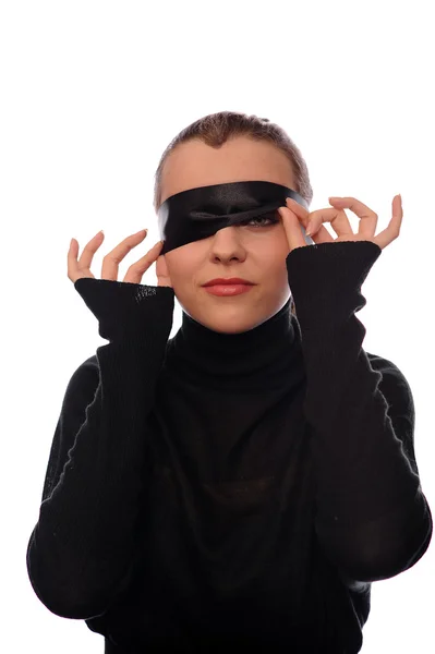 Playful Woman Black Ribbon Eyes Isolated White — Stock Photo, Image