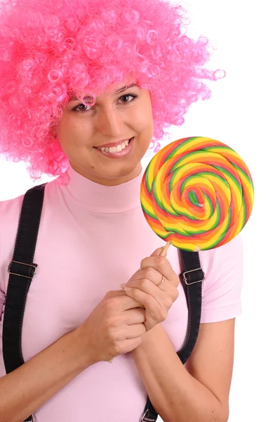Young Teenager Pink Wig Hold Lollipop Isolated White — Stock Photo, Image