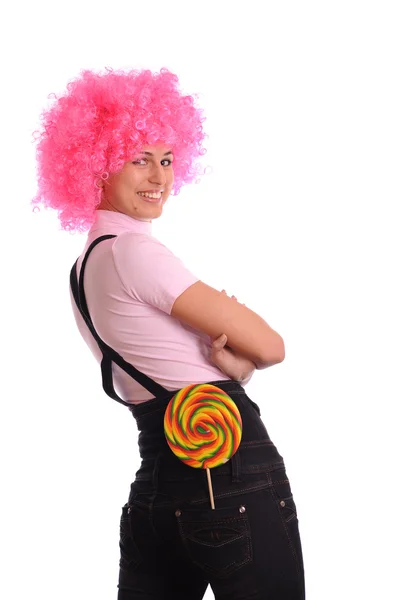 Smiling Teen Pink Wig Isolated White — Stock Photo, Image