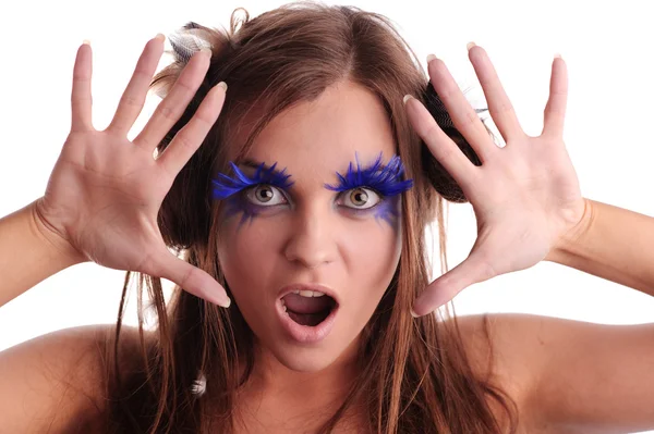 Screaming Girl Blue Eyelashes Isolated White — Stock Photo, Image
