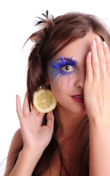 Pretty Woman Lemon Earring Isolated White — Stock Photo, Image