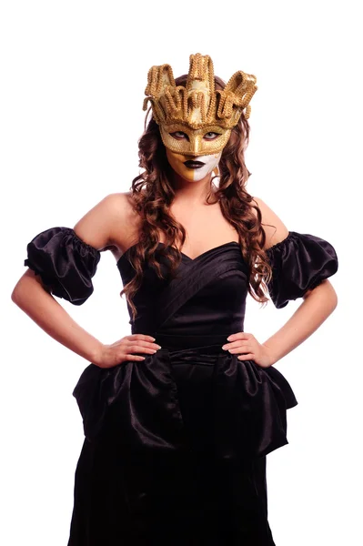 Young Sexy Women Golden Mask Isolated White May Use Cruel — Stock Photo, Image