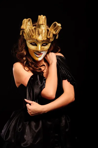 Zdeprawowany Kobieta Złotej Maski Pół Czarnym Tle — Zdjęcie stockowe