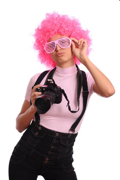 孤立在白色的粉红色头发的女孩 — 图库照片