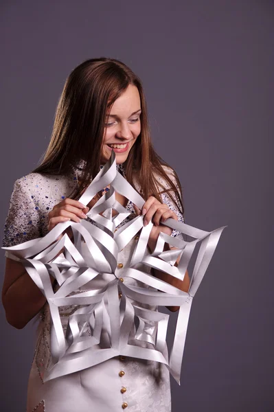 Young Girl Hold Paper Snowflake Isolated Gray — Stock Photo, Image
