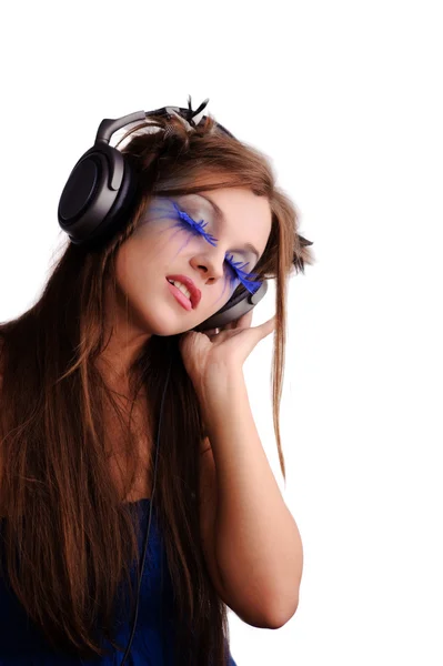 Mujer Bonita Con Maquillaje Moda Escuchar Música Aislado Blanco — Foto de Stock