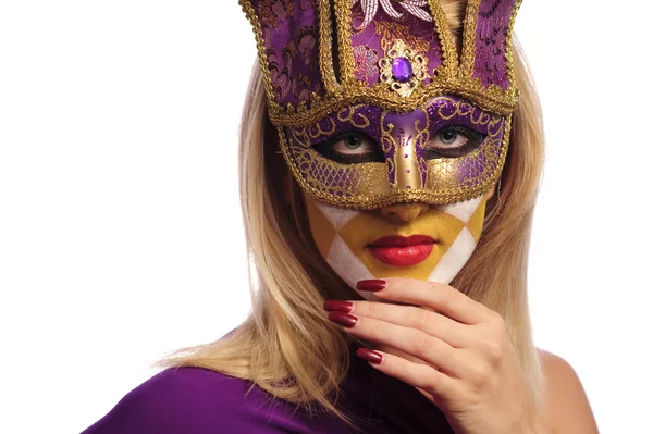 紫色のマスクを白で隔離される女性 ヴェネツィアの概念を使用する可能性があります — ストック写真