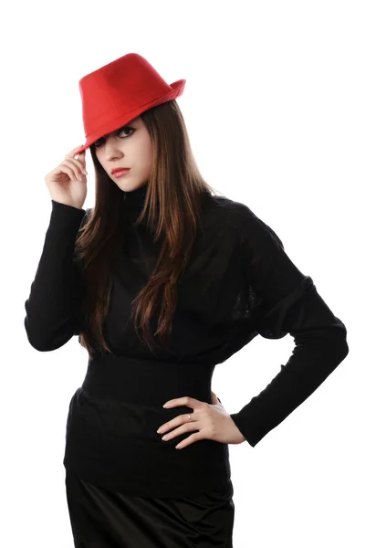 Sexy Junge Frau Mit Rotem Hut Isoliert Auf Weiß — Stockfoto