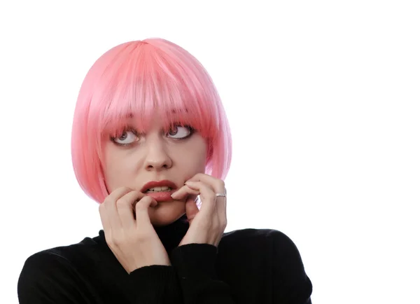 Afraid woman with pink hairs — Stock Photo, Image