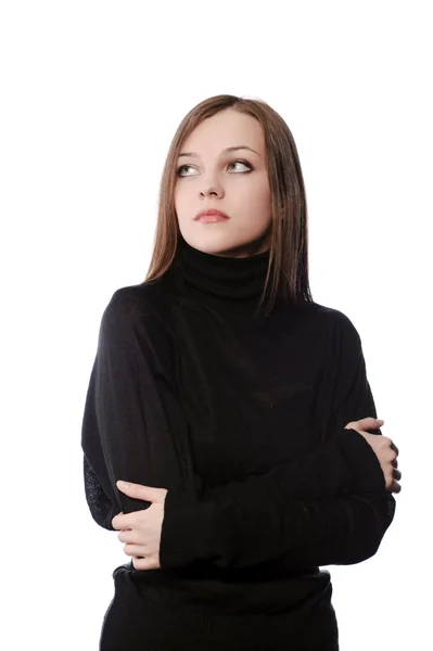 Młoda Kobieta Czarny Sweter Białym Tle — Zdjęcie stockowe