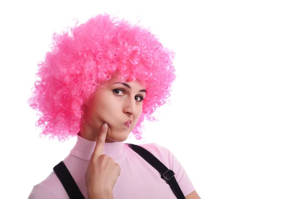 Pretty Young Girl Pink Wig Want Kissing Isolated White — Stock Photo, Image