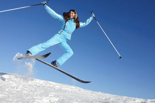 Carefree Young Woman Ski Suit Jumping May Use Winter Sports — Stock Photo, Image
