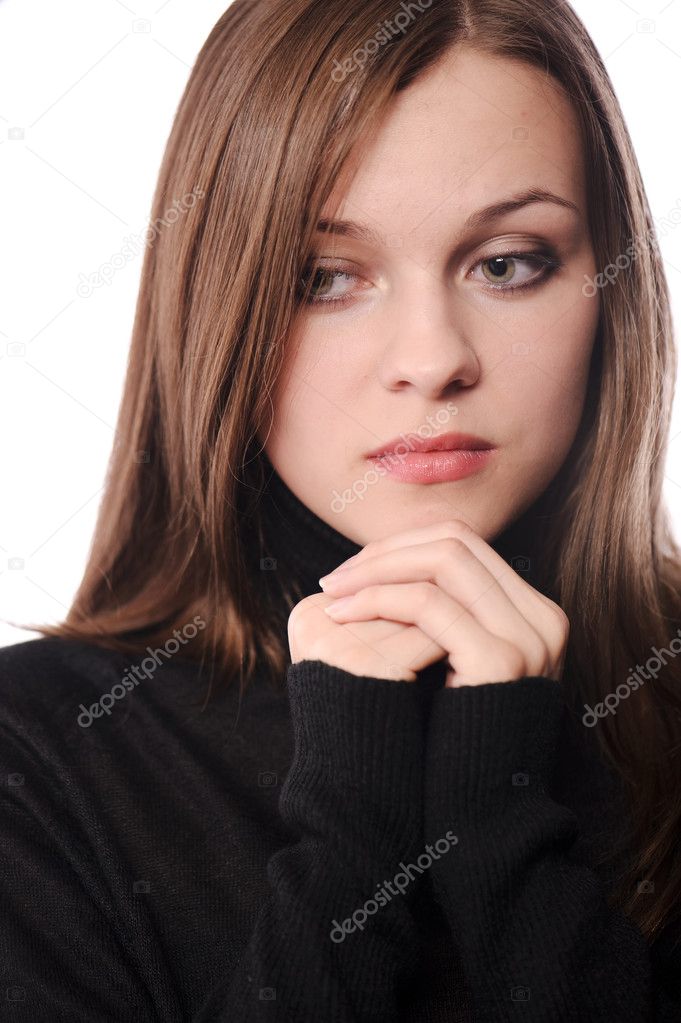 Portrait of sad woman isolated on white