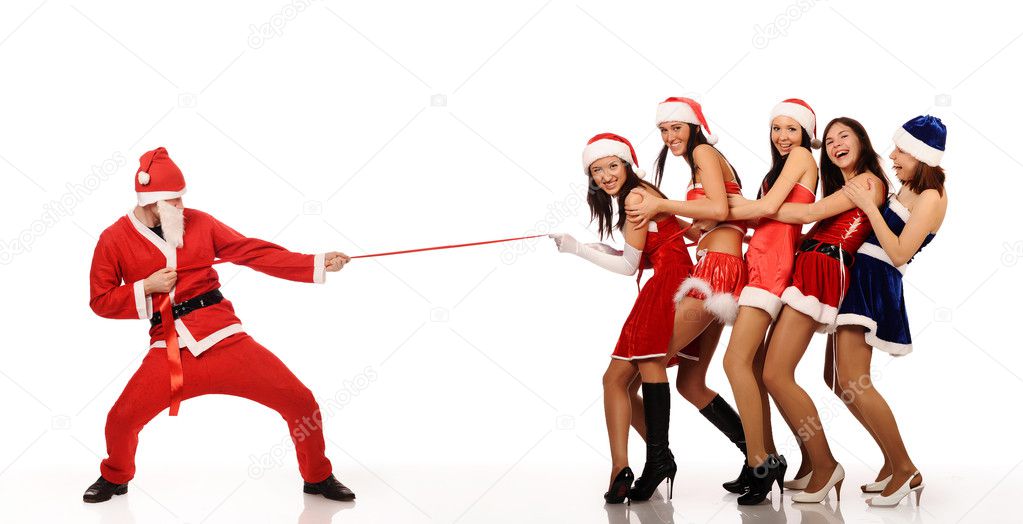 Santa Claus pull five women