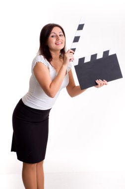 Young woman holding a clapper clipart