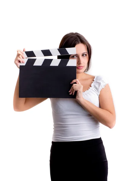 Woman holding a clapper — Stock Photo, Image