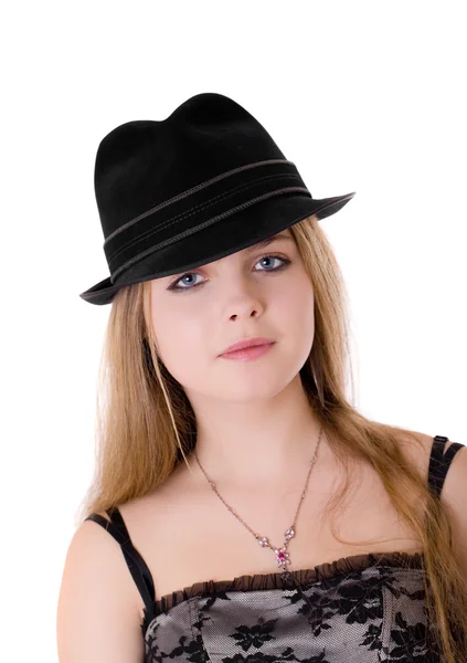 Flicka i en svart hatt — Stockfoto