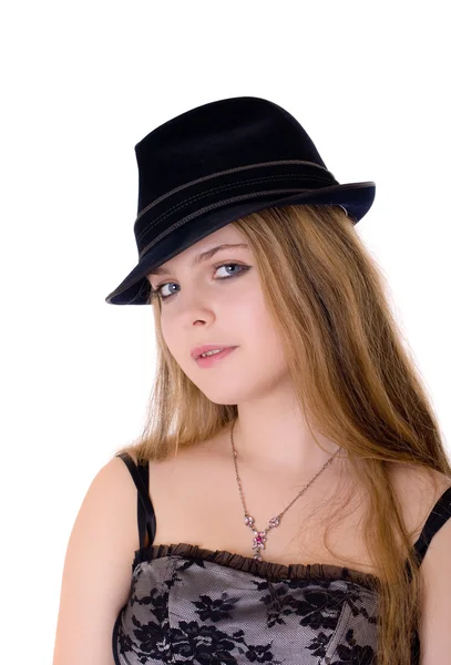 Flicka i en svart hatt — Stockfoto