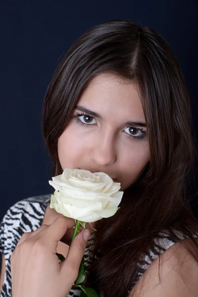 Chica con una rosa blanca — Foto de Stock