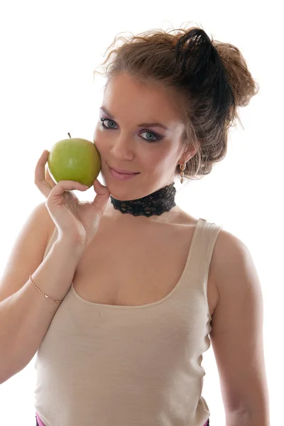 Dívka s zelené jablko — Stock fotografie