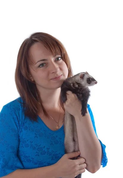 The girl with a domestic polecat — Stock Photo, Image