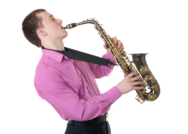 Der Junge Mann Spielt Ein Saxophon Isoliert — Stockfoto