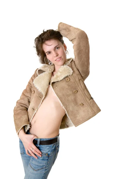 Portrait Sexy Girl Sheepskin Coat — Stock Photo, Image
