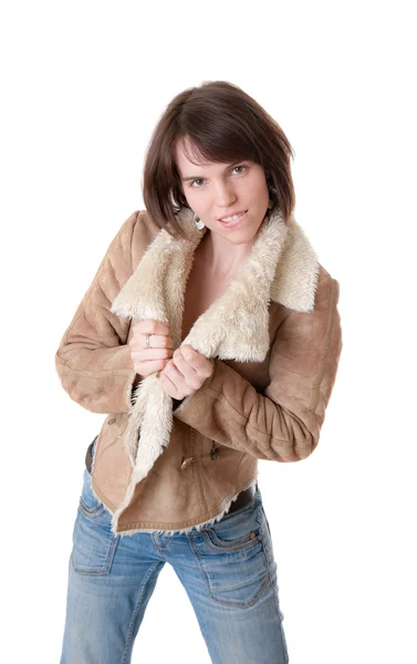 Sexy girl in sheepskin coat — Stock Photo, Image