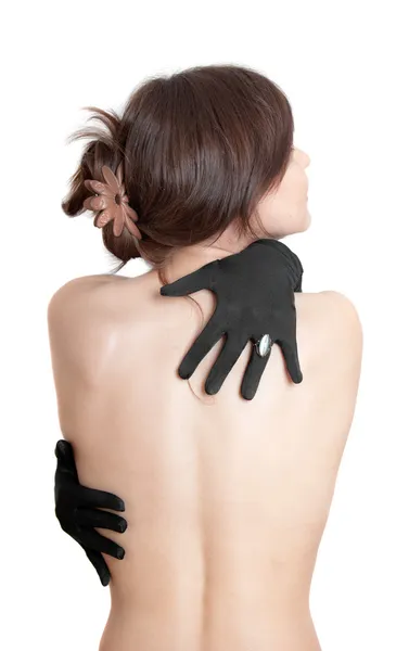Weiblicher Rücken mit Handschuhen — Stockfoto