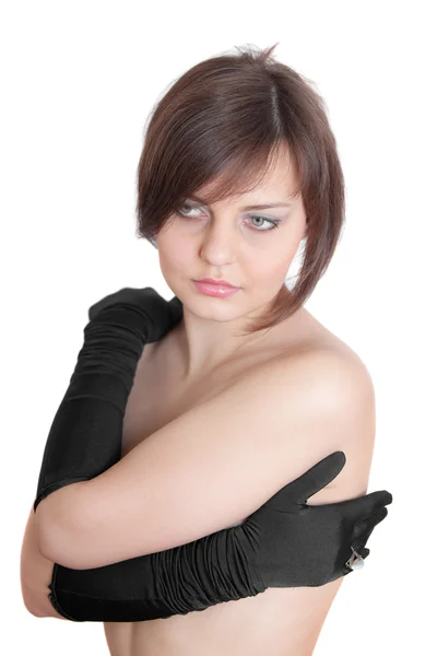 Meisje in zwarte handschoenen — Stockfoto