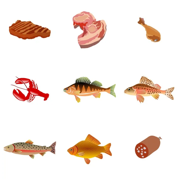 套的肉类和鱼类的食物 — 图库矢量图片