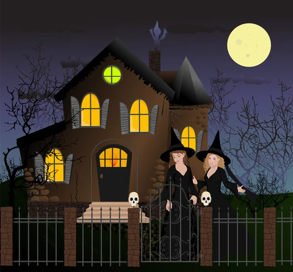 Güzel cadı Halloween sahne — Stok Vektör