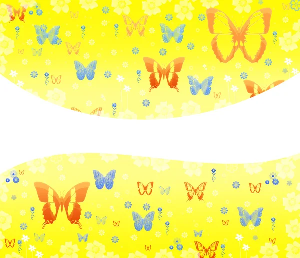 Gelber Hintergrund mit Schmetterlingen und Blumen — Stockfoto