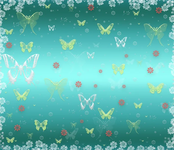 Голубой фон с бабочками и цветами — стоковое фото