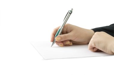 Pen in hand writing on the notebook clipart