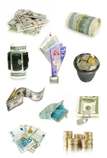 Колекція грошей ізольована на білому — стокове фото