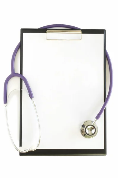 Pano Sayfası Üzerinde Beyaz Izole Stetoskop Ile — Stok fotoğraf
