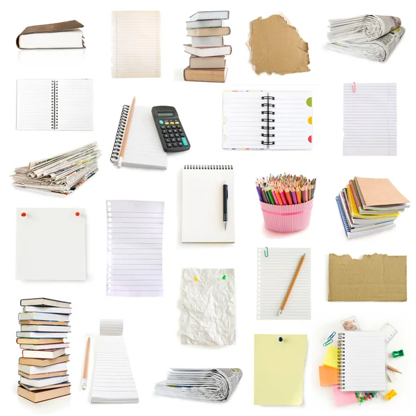 Kancelář Notebooky Kolíčky Kolekce Izolované Bílém — Stock fotografie