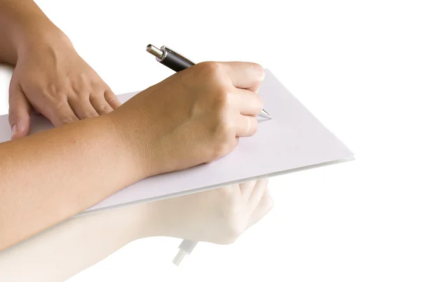 Stift Der Hand Schreiben Auf Der Seite Und Reflexion — Stockfoto