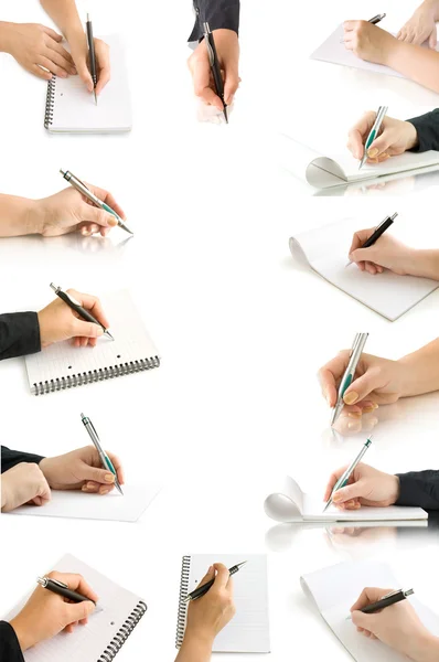 Coleta Mãos Com Caneta Escrita Página Caderno Isolado Branco — Fotografia de Stock