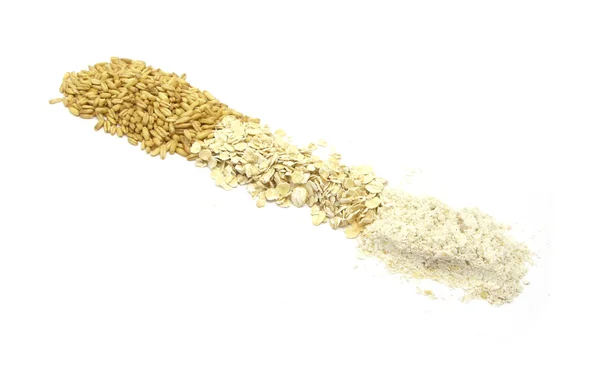 Oat as grain, oatflakes and oatmeal — Stock Photo, Image