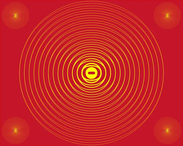 Cuatro círculos pequeños y uno grande amarillo sobre fondo rojo — Foto de Stock