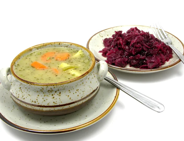 Potato Stew Cooked Red Cabbage Arranged Plates — Stock Photo, Image
