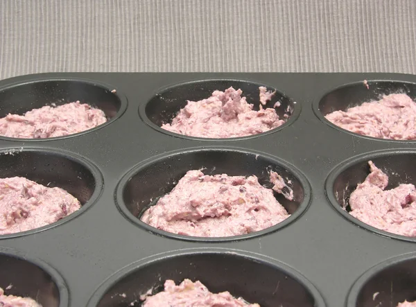 Muffins Framboesa Uma Panela Bolo Muffin Antes Assar — Fotografia de Stock